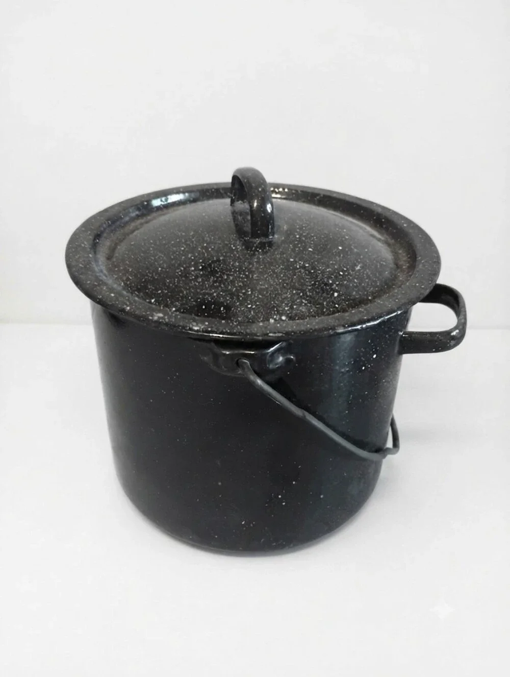 Vintage Black Speckled Enamelware Pot with Lid and Bail Handle